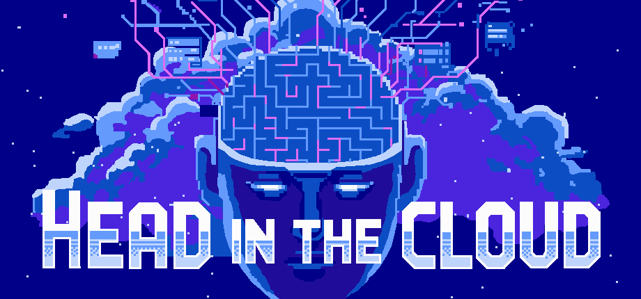Head in the Cloud — pixel-art of a head with a maze for a brain among storm clouds